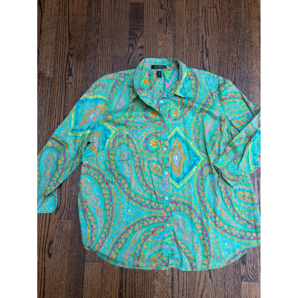 Lauren Ralph Lauren Shirt 2X Green Paisley Boho Button Down Cotton Lightweight